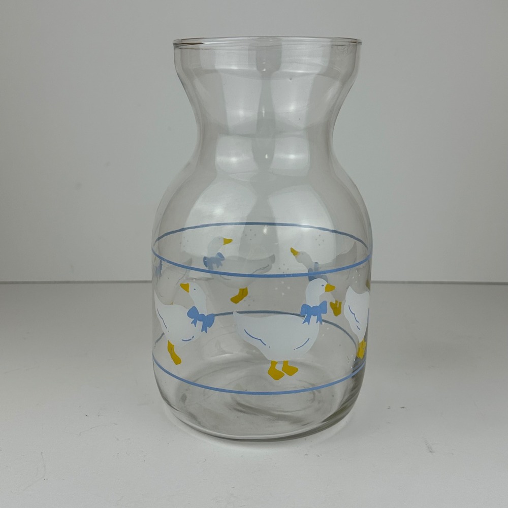 Vintage Clear Glass Goose Carafe Vase Blue Bow White Geese Cottagecore Farmhouse - Picture 3 of 8